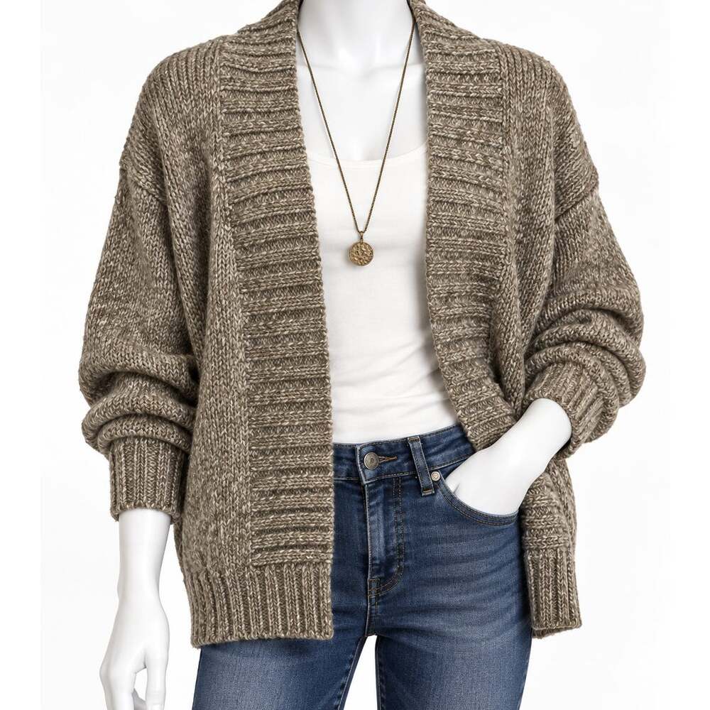 St Johns Bay Chunky Cable Knit Open Front Cardigan Marled Taupe Womens Small